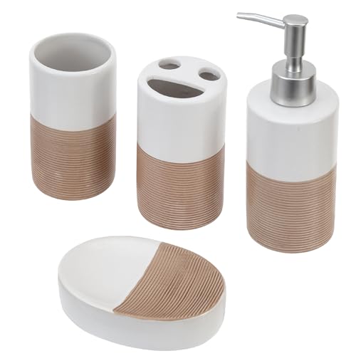 MyGift 4 Pcs Soap Dispenser and Toothbrush Holder Set, Ceramic Bathroom Accessories Set, Soap Dish, Pump Dispenser, Tumbler Cup, Dual Tone White with Clay Stripe