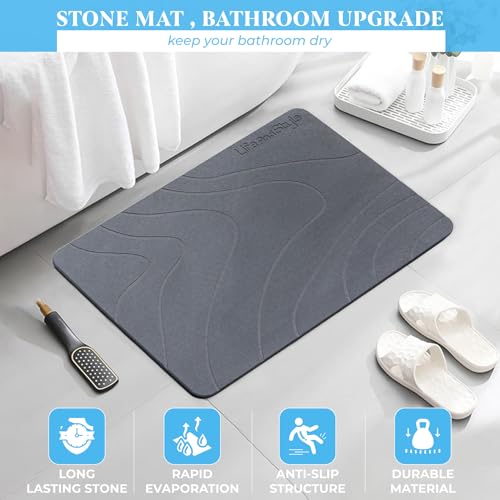 2 Pack Stone Bath Mat Diatomaceous Earth Shower Mat - Grey Wave Design Non Slip Super Absorbent Diatomite Stone Mats for Bathroom Floor Quick-Drying Easy to Clean (24 x 16 Inch)
