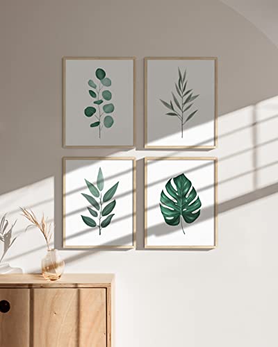 HAUS AND HUES Framed Botanical Wall Art - Set of 4 Tropical Leaf Prints, Sage Green Plant Wall Decor, Minimalist Leaves Art (Beige Frame, 8x10) - color: Green Plants, size: 8x10, style: Beige Framed