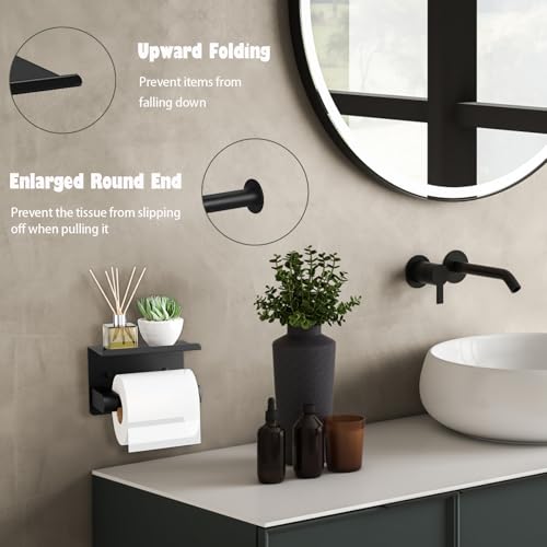 Matte Black Toilet Paper Holder with Shelf, Stainless Steel Bathroom Tissue Holder Self Adhesive or Screw Mounting Wall Mount Toilet Roll Holder for Washroom Kitchen RV