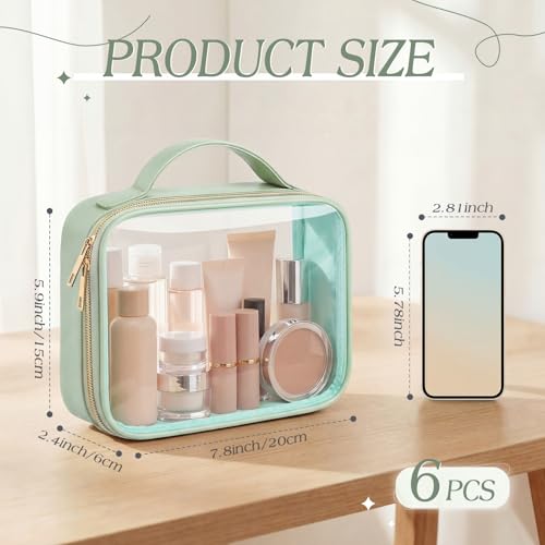 Abbylike 6 Pcs Clear Makeup Bags Bulk 7.9 x 5.9 x 2.4 Inches Quart Size Approved PU Leather Toiletry Bag with Handles Small PVC Clear Travel Cosmetic Case for Women Wedding Bridal Gifts(Green) - color: Green