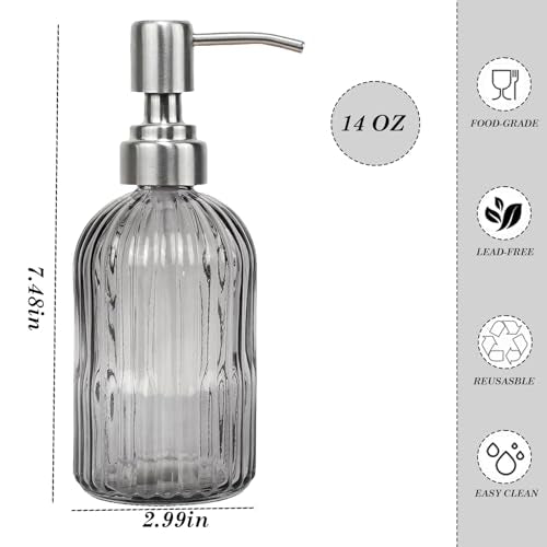 14Oz Gray Soap Dispenser Bathroom, Clear Glass Hand Soap Dispensers with Stainless Steel Pump, Refillable Dish Soap Dispenser for Kitchen, Countertop Soap Dispensers - color: Gray