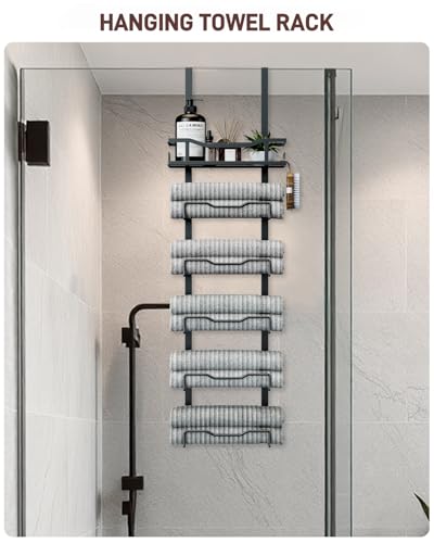 Aetyord Hanging Towel Racks for Bathroom No Drill - 6-Tier Over The Door Bath Towel Storage Organizer for Small Bathrooms - Tiered Back of Door Towel Holder Hanger for Rolled Towels RV Camper Black - color: Black, size: 6 tier