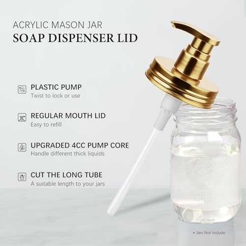 Amolliar Plastic Mason Jar Soap Dispenser Lids(2) - Universal Pump Replacement for Regular Mouth Jar - Long Tubes & Cute Lables - for Kitchen, Bathroom, Dish Soap, Lotions, Hand Soap, Gold - color: Gold
