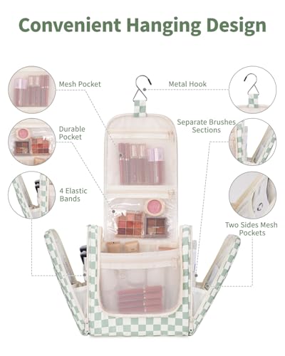 Narwey Hanging Toiletry Bag for Women Travel Makeup Bag Organizer Toiletries Bag for Cosmetics Essentials Accessories - color: ZA-Mint Green Checkerboard
