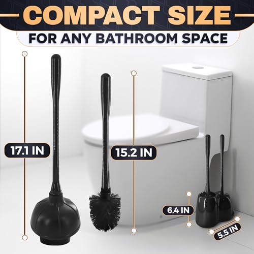 2-in-1 Black Toilet Brush and Plunger Set with Holder – Compact Bathroom Cleaning Combo, Strong Rubber Plunger & Stiff Bristle Brush, Space-Saving Stand, Fits Most Standard Toilets, 9.3×6.3×15.2 inch - color: Black