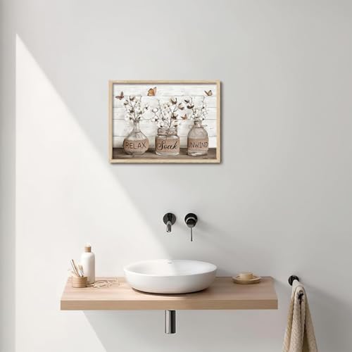 KISSFOX Framed Wall Art Bathroom Wall Decor Farmhouse Pictures Relax Soak Unwind Canvas Art Neutral Inspirational Quotes Paintings Artwork For Restroom - color: Vase-Cotton, size: 12x16 in
