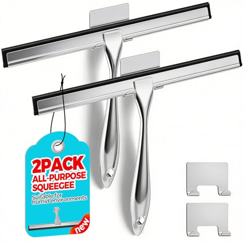 ALFLOD 2pcs Shower Squeegee for Glass Doors with Adhesive Hanging Hook Set | 12” silver, bathroom accessories, window cleaner, new home essentials, soft rubber blade, metal handle, ergonomic grip - color: Silver, size: 12 Inch