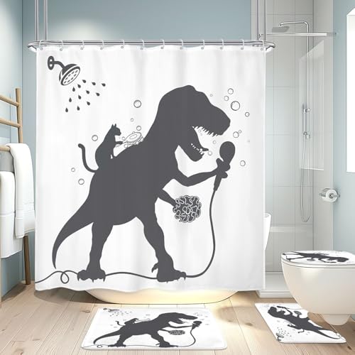 4PCS Kids Funny Dinosaur 71Wx71H Inches Boys Men Dino Cat Animal Shadow Shower Curtain Sets with Rugs, Toilet Lid Cover and Bath Mat, Cute Bath Accessories Art Home Decor Fabric 12 Pack Hooks - color: A4-dinosaur Cat