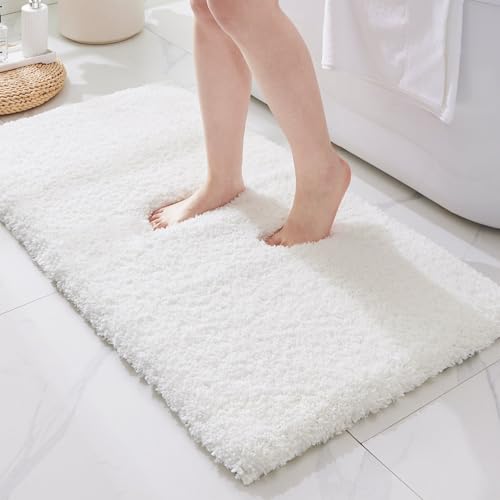 ILANGO White Bathroom Rugs 48" × 24" Non Slip & Super Absorbent Extra Thick Soft, Washable Bath Mat for Floor, Microfiber Plush Shaggy Bath Rug with Rubber for Bathtub Shower Room Sink - color: White, size: 2' x 4' (24''x48'' Bathroom Rug)