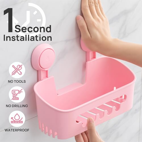 LEVERLOC Shower Caddy Suction Cup Set Shower Organizer & Soap Holder & Toothbrush Holder, Bathroom Shelf Basket NO-Drilling, Removable Suction Storage Waterproof Bathroom Caddy, Pink - color: 3 X Pink