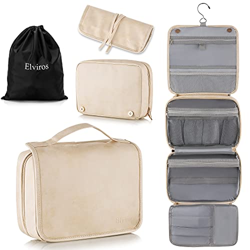 Elviros Hanging Travel Toiletry Bag for Women Vegan Leather (Beige) | 3-in-1 Waterproof Makeup Bag with Compartments for Skincare, Toiletries, Accessories, and Travel Essentials - color: Beige, size: 1 Pack
