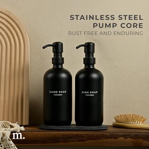 MaisoNovo Soap Dispenser 3 Piece Set - 16.9oz Black Bottles with Black Stainless Steel Pump Core - color: Black Bottles/ Black Pumps/ Black Slate Tray