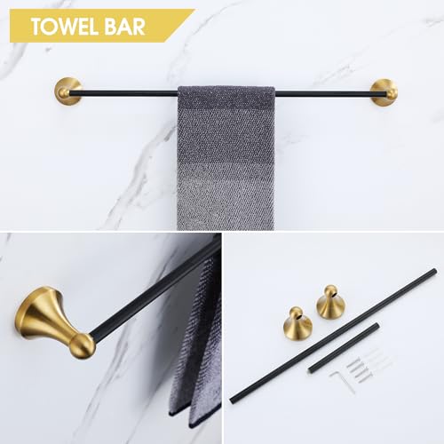 Brushed Gold and Black Bathroom Hardware Set, 4-Piece Black and Gold Bathroom Accessories Kit Stainless Steel 23.6 Inch Towel Bar | Towel Hook | Toilet Paper Holder | Hand Towel Holder - color: Black and Gold