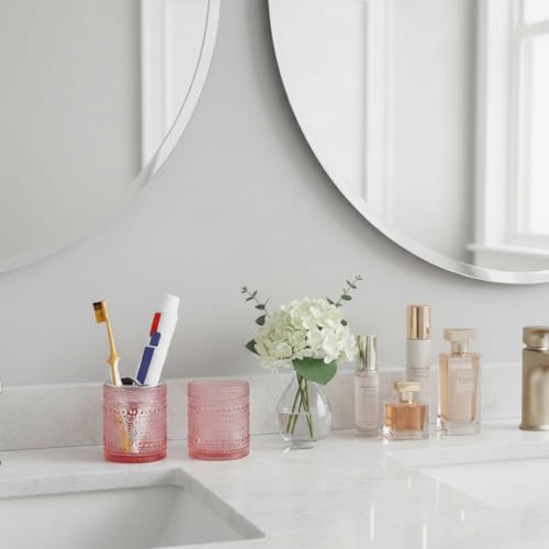 Pink Toothbrush Holders for Bathrooms, Glass Toothbrush Holder with 2 Slot Divider, 10oz Bathroom Tumbler and Mouthwash Cup, Tooth Brush Holder for Brushes, Toothpaste - color: Pink