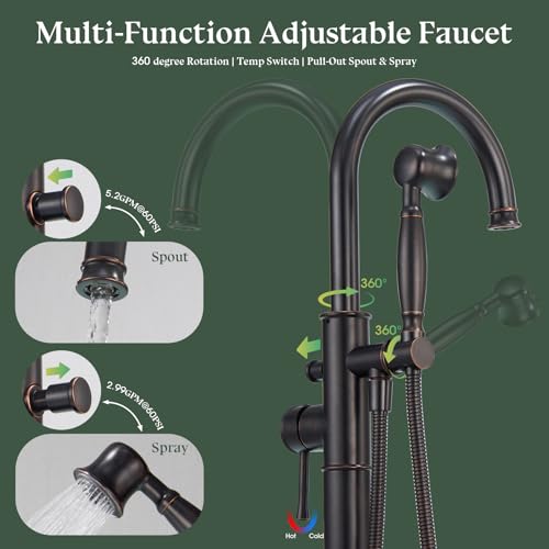 Free Standing Tub Faucet, Wintap Classic Freestanding Bathtub Faucet with Sprayer Brass Elegant Floor Mount Bath Faucets High Flow Roman Tub Filler, Oil Rubbed Bronze （WT-3311ORB） - color: Oil Rubbed Bronze