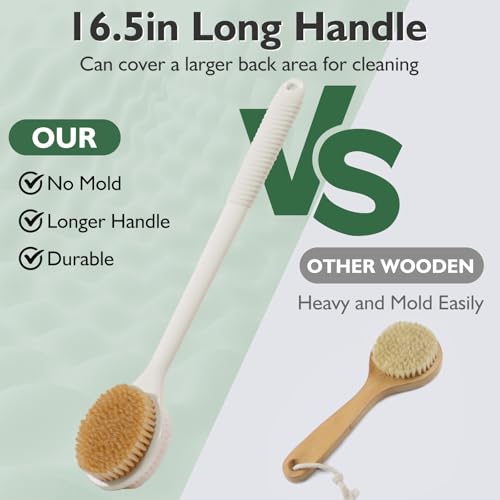 VANZAVANZU Back Scrubber for Shower, 17 Inch Long Handle Back Brush, Dual-Sided Bath Brush, Anti-Slip Handle Shower Brush for Wet or Dry Brushing (Cream White) - size: 17 in - Cream White