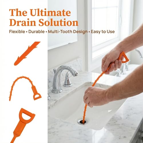 20 Inch Drain Snake Hair Clog Remover Orange Plastic 4 Pack | Barbed Design for Bathroom Tub Kitchen Sink Toilet Sewer Cleaning