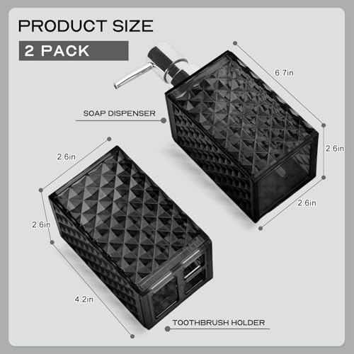 Bathroom Accessories Set 2 PCS, Black Bathroom Accessories Include Soap Dispenser and Toothbrush Holder, Diamond Pattern Bathroom Set for Boho Bathroom Decor - color: Black