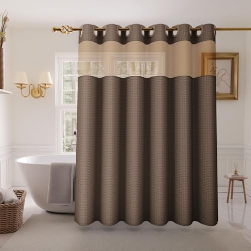 Inhousolu No Hook Shower Curtain with Snap-in Fabric Liner, Waffle Weave 230 GSM Polyester, Weighted Hem, Water Repellent Washable, Mesh Top Window 72" W x 72" L Brown - color: Brown, size: 72"W x 72"L (Pack of 1)