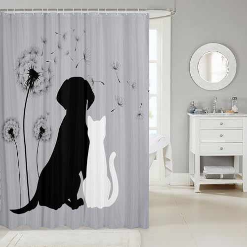 Erosebridal Cat & Dog Bathtub Shower Curtain - Dandelion Bath Curtain, Cute Pet Animal Bathroom Set, Grey Waterproof, 72" W x 78" L - color: Multi 47, size: 72"W x 78"L (Pack of 1)