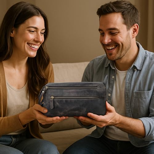 Full Grain Leather Toiletry Bag for Men & Women – Water-Resistant Travel Shaving Kit Organizer with YKK Zipper, Spacious Bathroom Grooming & Cosmetic Storage Case - Chalkboard Grey - color: Charcoal Grey