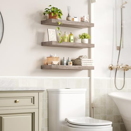 RALGEND Floating Shelves for Wall, 1.5" Thick Wall Shelf Set of 3 with Invisible Brackets, 23.6L x 7.9W Hanging Book Shelves Farmhouse Home Decor for Bathroom, Living Room, Bedroom, Greige 6301BJP3BG - color: Greige, size: 23.6 Inches