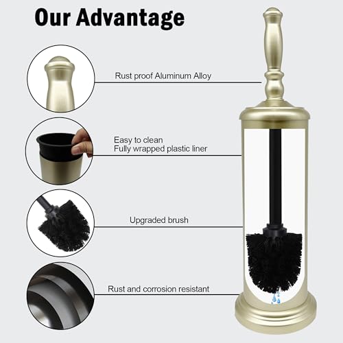 Metal Toilet Bowl Brush with Holder Premium Bathroom Cleaning Set Rustproof Hygienic Durable Elegant Finish - color: Matte Gold
