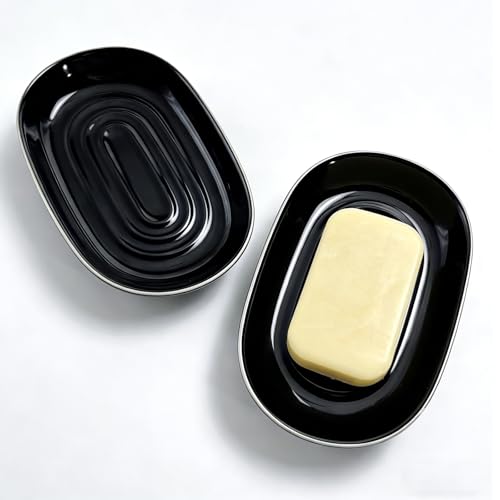 Ceramic Marble Pattern Soap Dish, Textured Raised Soap Saver Tray for Shower Bathroom Kitchen Sink Vanity, Easy to Clean Multi-Use Holder for Bar Soap Jewelry Rings Keys, Black (2 Pack) - color: Black2p