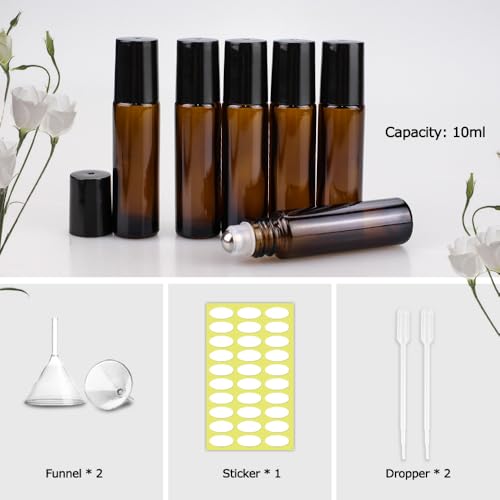 sungwoo 12 Pack Essential Oil Roller Bottles Stainless Steel, 10ml Amber Glass Roller Bottles with Caps for Travel, Perfume and Lip Gloss - color: Amber, style: 12 Pack