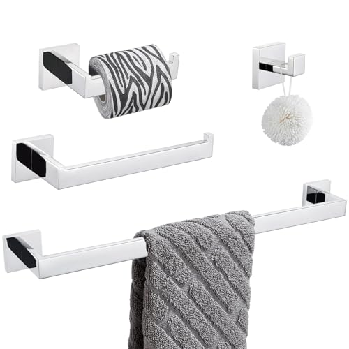 Bathroom Hardware Set 4-Piece, Angle Simple SUS304 Stainless Steel Bath Accessory Kit, Bathroom Fixture Set with Robe Hook, Toilet Paper Holder, Towel Holder and Towel Bar Polished Chrome - color: Polished Chrome