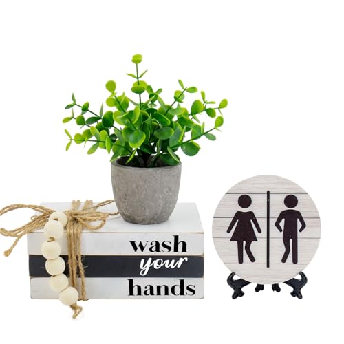 Bathroom Shelf Decor Signs with Bookstack, 3D Round Signs & Fake Plants | Wash Your Hands Sign, Farmhouse Bathroom Decor and Accessories for Restroom Shelf, Guest Bathroom, Home Toilet - color: Washyouhans