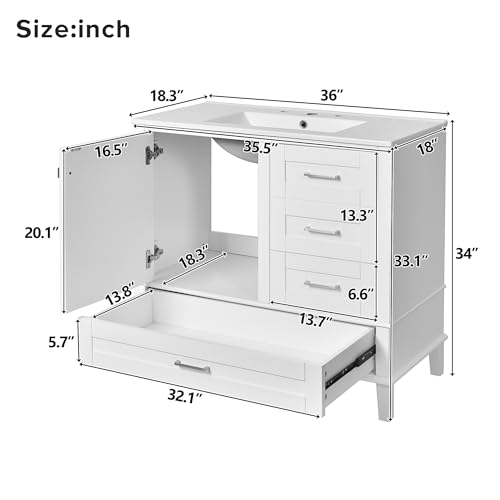 Linique 36" Modern Bathroom Vanity with Sink Combo Set, Solid Wood Frame Bathroom Storage Cabinet with a Soft Closing Door and 3 Drawers, White - color: White, size: 36"/ Door without Organizer