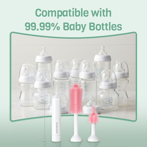 SEANCHEER S02 Electric Bottle Brush Set, Portable Baby Bottle Brush Cleaner, AA Battery-Powered & IPX7 Waterproof, with Silicone Bottle/Nipple/Straw Brush, for Home & Travel (Pink) - color: White-pink
