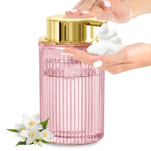 KASUNTING Pink Glass Foaming Soap Dispenser, Ribbed Foam Hand Soap Dispenser for Bathroom, 11 Fl Oz Refillable Foaming Pump Bottle with Black Pump, Modern Dish Soap Foam Dispenser - color: Pink Bottle+ Gold Pump, size: Foam-1 Pack