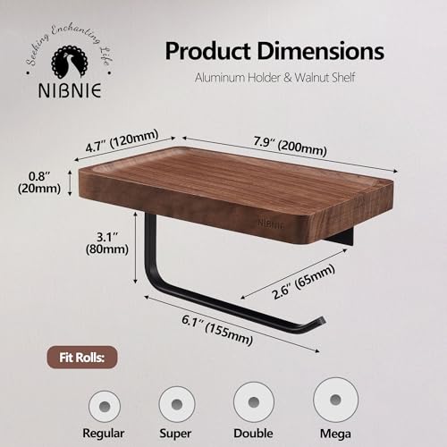Walnut Wood Toilet Paper Holder with Phone Shelf, Adhesive or Drill Installation Bathroom Washroom Wall Mount Wooden Toilet Tissue Roll Holder with Shelf for Hold Wipes, Cell Phone (Concave) - color: Concave Surface