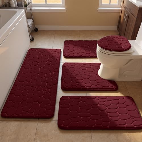 YIHOUSE Bathroom Rugs Mat Set, Memory Foam Bath Mat 5 Piece Red | Non Slip, Water Absorbent, Washable, Bath Mat For Bathroom, Sink and Toilet - color: Dark Red, size: 3'11" x 1'8" (Rectangular)