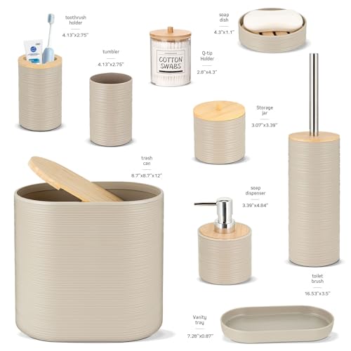 IMAVO Bathroom Accessory Set-11Pcs Beige Bathroom Accessories Set with Trash Can,Soap Dispenser,Soap Dish,Toothbrush Holder,Toothbrush Cup,Toilet Brush Holder,Qtip Holder Dispenser with Labels - color: Apricot, size: 11 PCS Bathroom Set