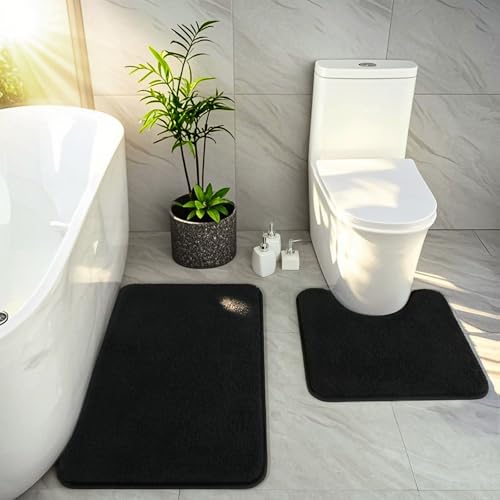 HOMORE Black Bathroom Rug Set 2 Piece,Soft Absorbent Bath Mats Set,Machine Washable Bath Rug Sets for Bathroom Non Slip,(21"x34"+21"x21") Plush Shaggy U Shape Contour Toilet - color: Black