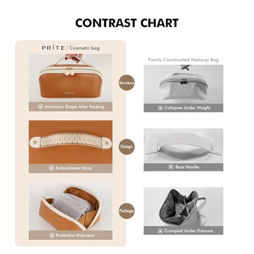Prite Makeup Bag for Women Travel Waterproof Vegan Leather Cosmetic Bag Open Flat Toiletry Bag With Clear Divider and Handle (New Brown, Medium) - color: New Brown, size: Medium