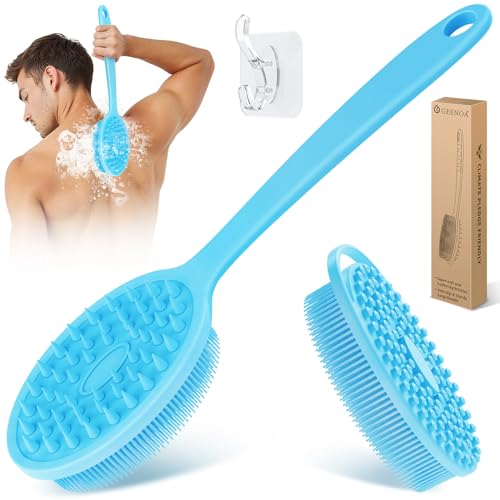 Silicone Back & Body Scrubber Set 2PCS, 13.4'' Gentle Exfoliating Back Scrubber with Dual-Side Head and Non-Slip Handle, Hygienic Silicone Loofah with Soft Bristles and Massage Dots(Blue-2PC) - color: Blue*2