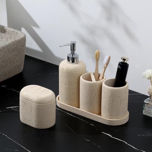 Bathroom Accessories Set, 5PCS, Travertine Stone Look, Yellow | Modern Bathroom Accessory Set with 13.53OZ Soap Dispenser, Mouthwash Cup, Toothbrush Holder, Qtip Holder, Vanity Tray - color: Yellow