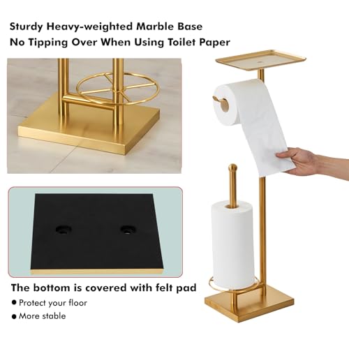 Toilet Paper Holder with Tray At the Top, Heavy-Weighted Base No Wobbly, Freestanding Toilet Paper Rolls Stand, Hold Extra 3 Paper Rolls On the Base (Gold) - color: Gold