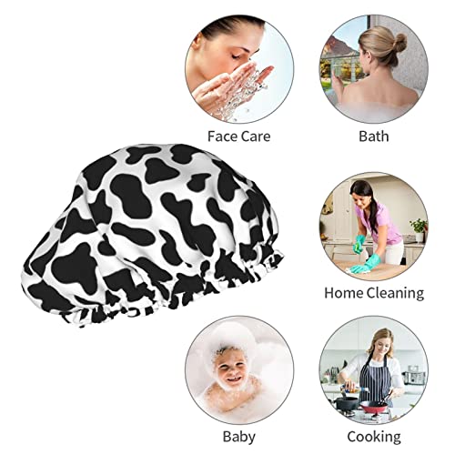 Black And White Cow Skin Abstract Animal Farm Shower Cap For Women Adjustable Double Waterproof Layers Bathing Bath Cap Hair Protection Reusable Ladies Spa Salon Shower Hat - color: Balck And White Cow Skin Abstract Animal Farm
