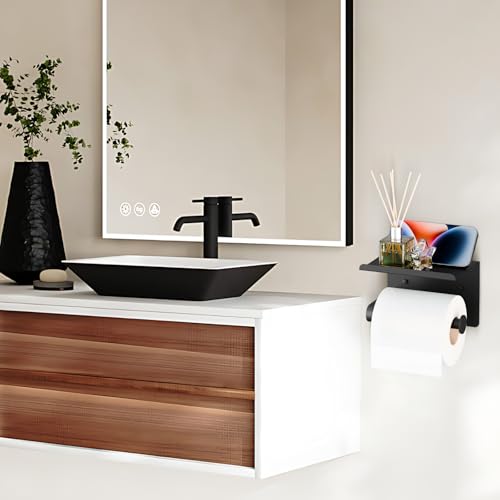 Matte Black Toilet Paper Holder with Shelf, Stainless Steel Bathroom Tissue Holder Self Adhesive or Screw Mounting Wall Mount Toilet Roll Holder for Washroom Kitchen RV