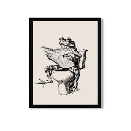 Urmoya Funny Frog on Toilet Bathroom Decor Framed Wall Art 8x10 in | Wood frame, Frog reading newspaper print, Humor decor, Canvas wall art, Ready to hang, for bathroom or restroom - color: Frog, size: 10"L x 8"W
