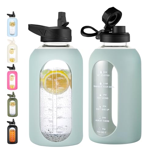 CIVAGO 64 oz Glass Water Bottle Jug with Straw and Handle, Half Gallon Sports Motivational Bottle with Time Marker and 2 Lids, Flask Canteen with Silicone Sleeve for Gym, Sage - color: .Sage, size: 64 Ounces
