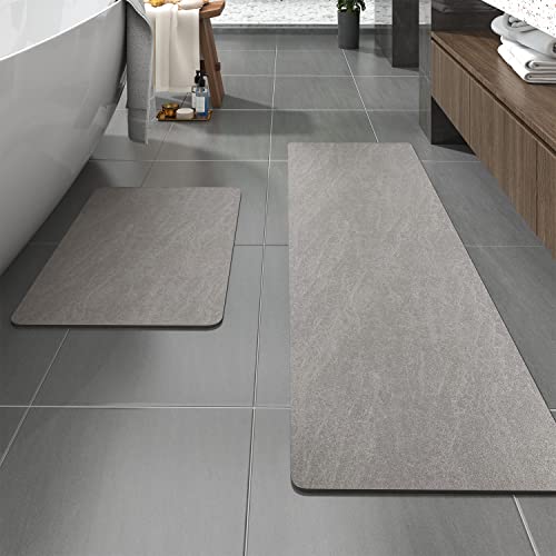 MontVoo -Bath Mat-Rubber Backing Non Slip Quick Dry Absorbent Thin Bathroom Rugs Fit Under Door-Faux Suede Surface Bathroom Floor Mats-Shower Rug for in Front of Bathtub Shower Gray Rug Set - color: Grey, size: 27.5" x 17" + 59" x 17"