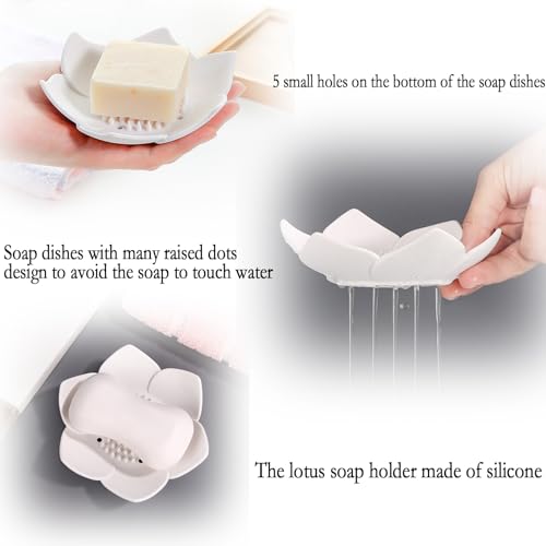 4 Pcs Lotus Flowers Soap Dish with Drain Silicone Holder Non-Slip Flexible Tray, Silicone Bar Soap Holder for Bathroom Shower