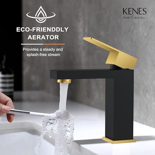 KENES Single Handle Bathroom Sink Faucet, Black and Gold Bathroom Faucets Single Hole, Vanity Faucet with Pop Up Drain and Supply Lines, Matte Black/Brushed Gold LJ-9031-BG - color: Black & Gold, size: Short